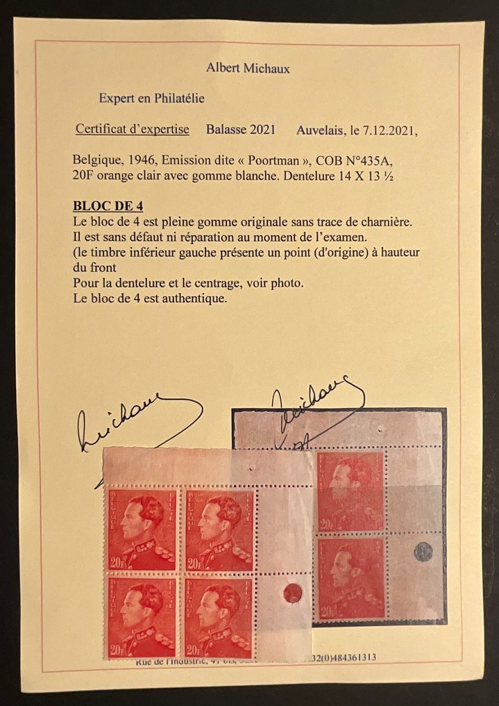 Βέλγιο 1936 - Λεοπόλδος ΙΙ Πορτμαν - 20 φράγκα σε επιπλέον απόχρωση HELDERORANJE - σε μπλοκ των 4 - OBP/COB 435A - Met certificaat #1.0