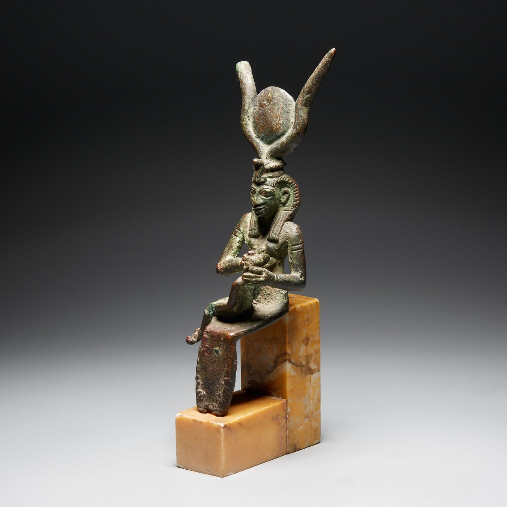 Ancient Egyptian Bronze Isis breastfeeding Harpocrates figure. Late Period, 664 - 332 B.C. 13.2 cm height. #2.1