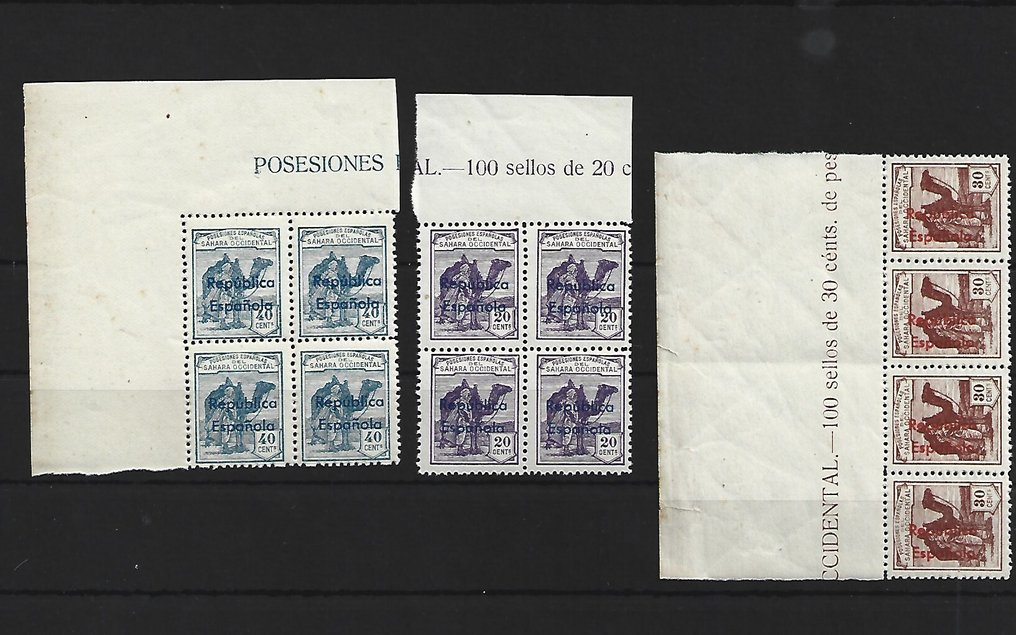 西屬撒哈拉 1937 - 以4个一组，带有颜色变化的标签，不固定，奢华 - edifil 39/45ahcc y 39 bhcc y 40 bhcc #1.0