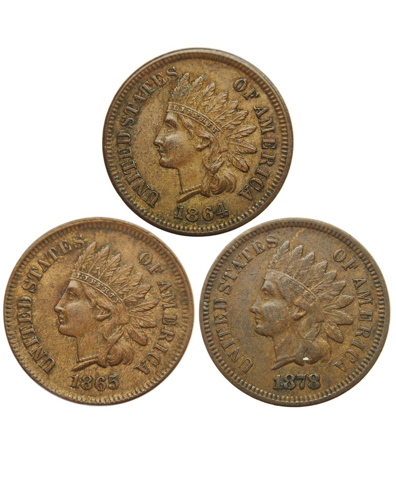 美国. 1 Cent 1864, 1865 & 1878 Indian Head (3 coins) (没有保留价) #1.0