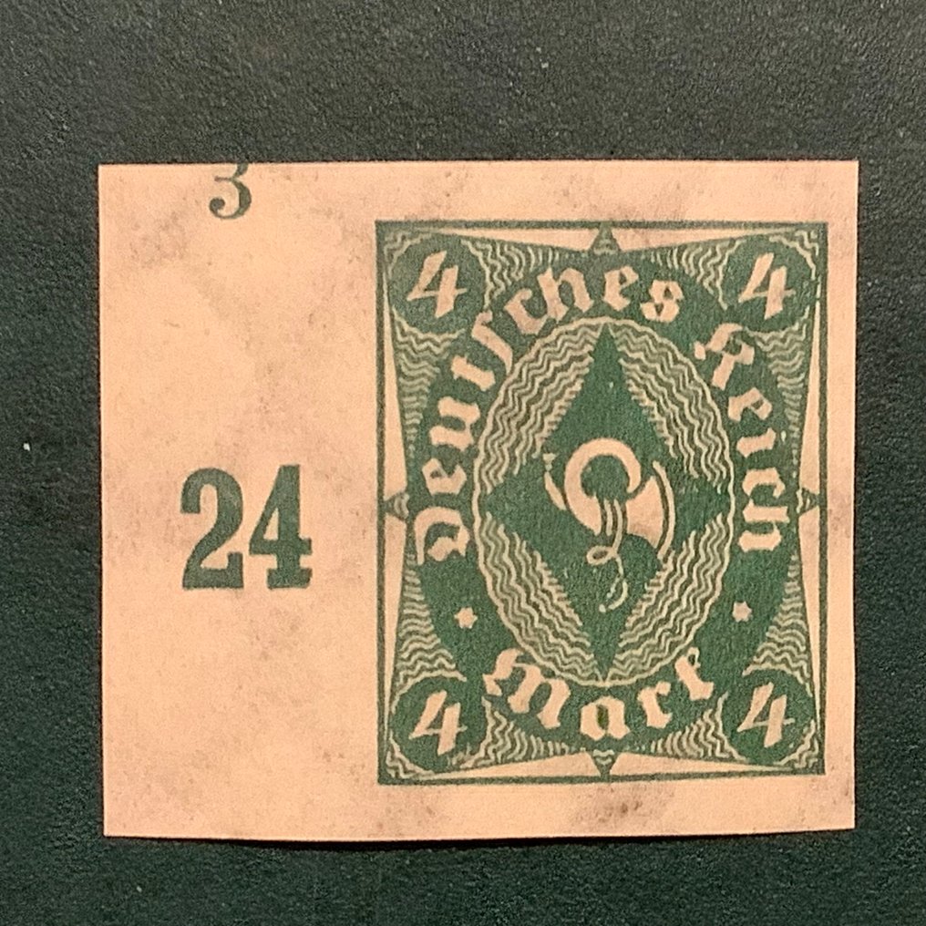 德意志帝国 1922 - 4 号 Posthoorn，已与车牌号 3 一起，附上 Balasse 的照片证明复印件。 - Michel 226a U #1.0