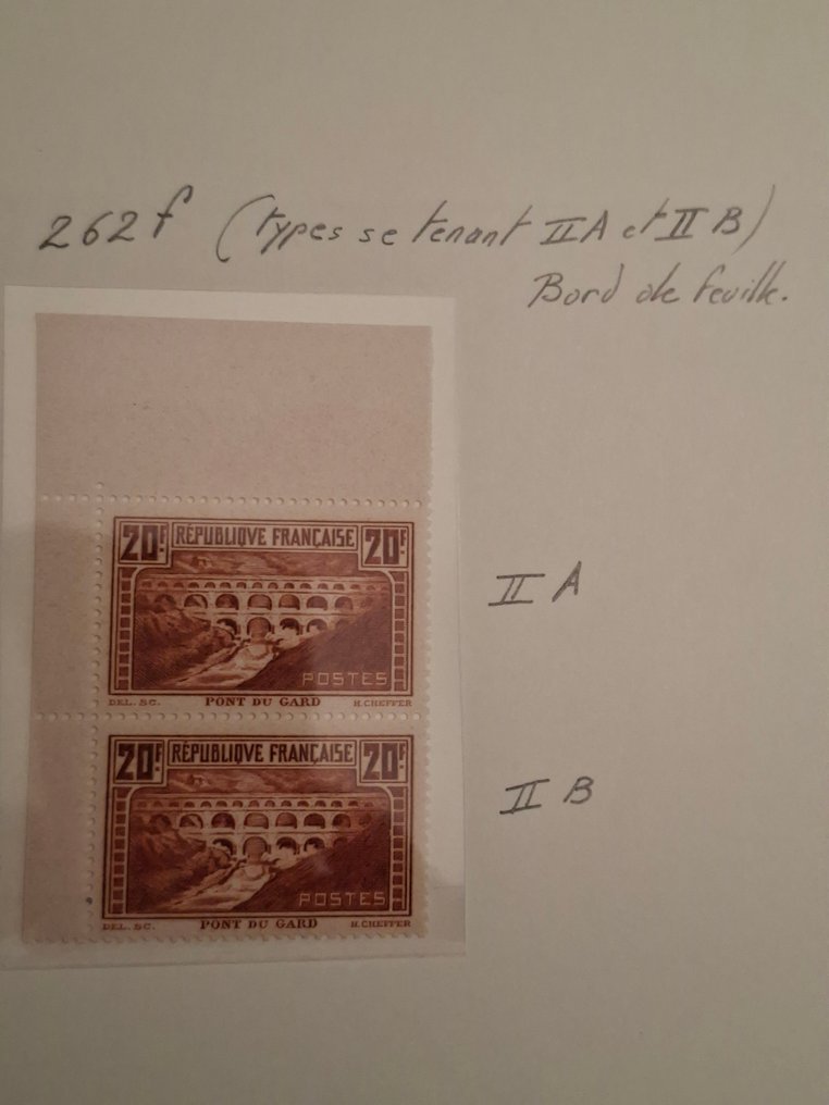 France 1929 - Rare block of 2 Pont du Gard, No. 262, types IIA and IIB, in mint condition, BDF certificate La #4.3