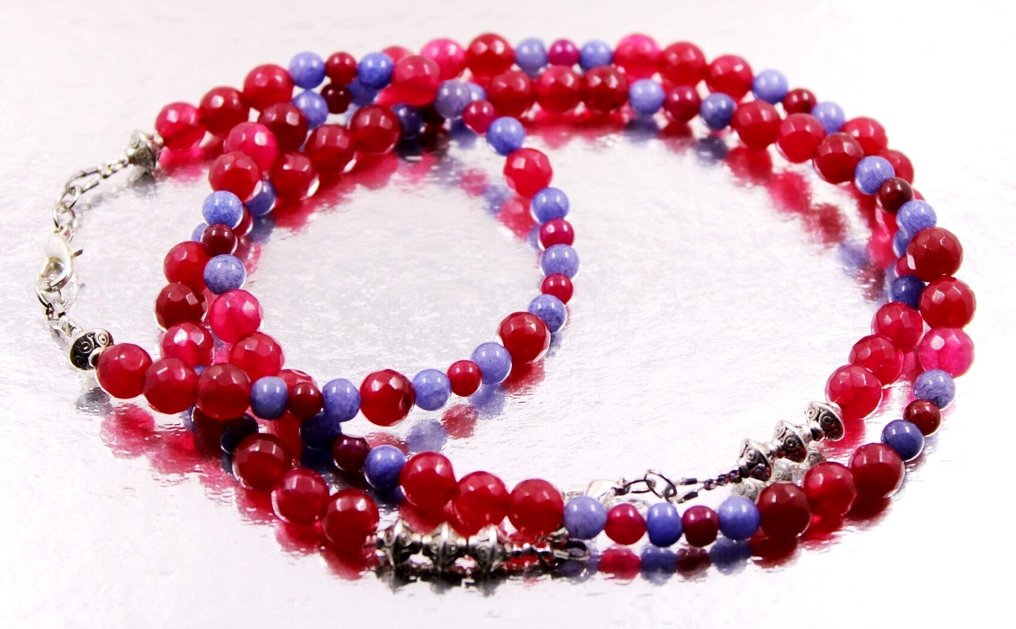 非常漂亮的项链和手链，手工制作的红宝石和蓝宝石圆形及叶形珠子——250克拉。 珠宝- 50 g - (1) #4.3