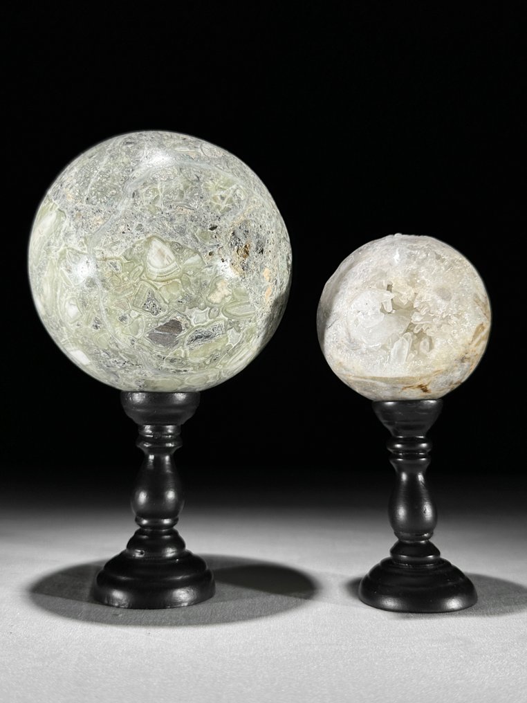 无底价 - 美丽的缟玛瑙与石英一对 定制支架上的球体- 2400 g - (2) #1.0