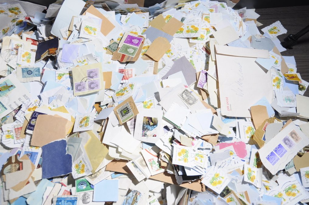 Świat  - Duży karton pełen poszukiwań z 5,9 kg znaczków na fragmentach z różnych krajów. #3.2