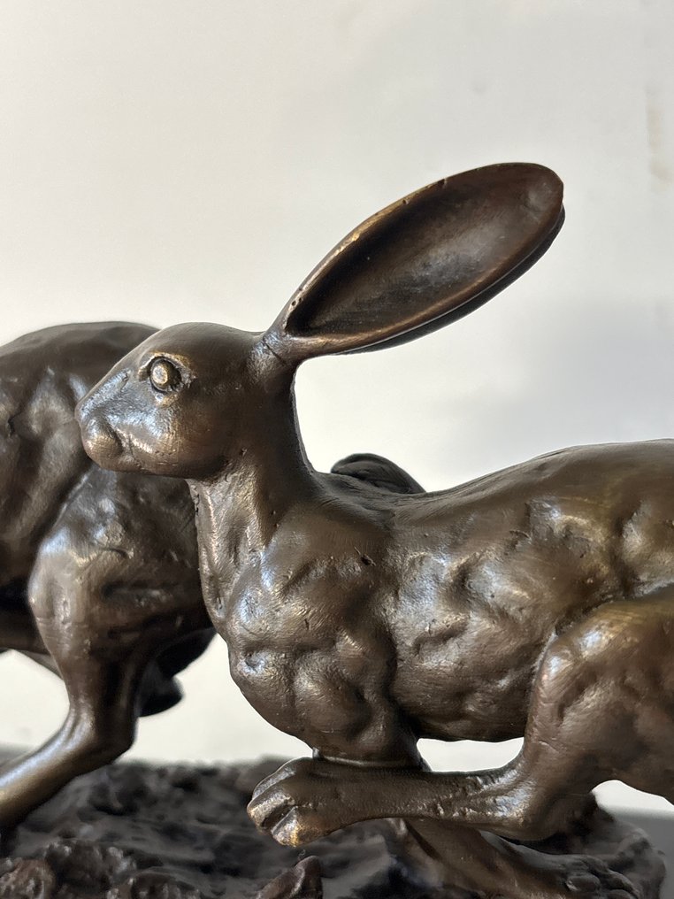 Statua, 2 Rennende hazen - 11.2 cm - Bronzo #1.0