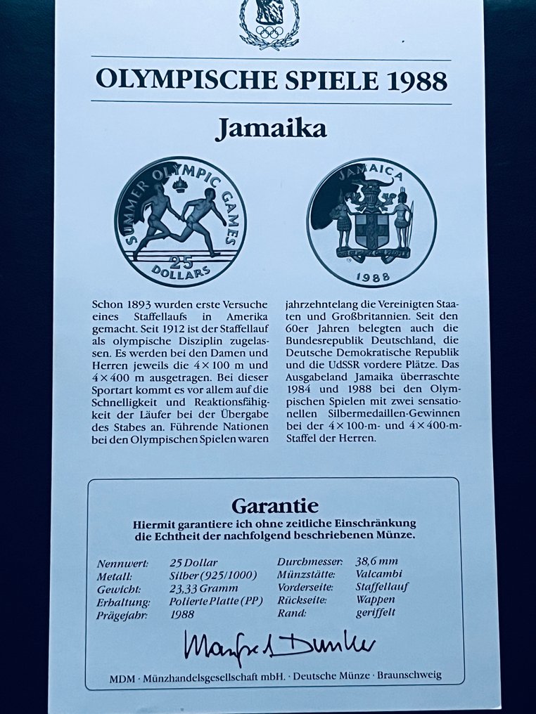 Jamaica. 25 Dollars 1988 silver coin, with a certificate  (No reserve price) #2.1