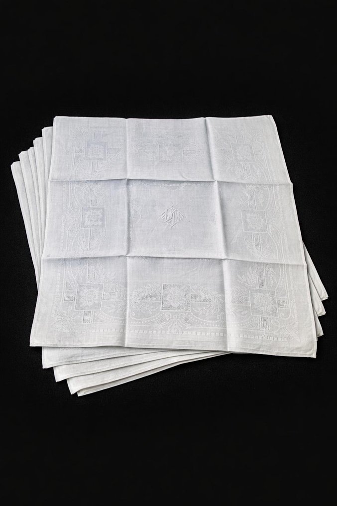 Ensemble de serviettes de table anciennes damassée et brodé - Serviet  - 54 cm - 53 cm #1.0