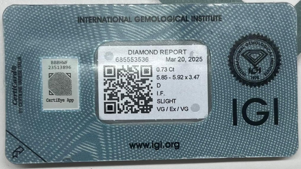 1 pcs 钻石  (天然)  - 0.73 ct - 圆形 - D (无色) - IF - 国际宝石研究院（IGI） #1.0