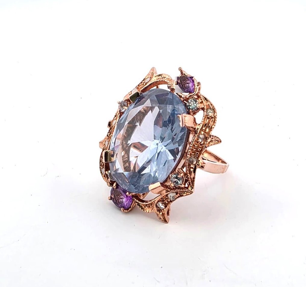 χωρίς τιμή ασφαλείας - Δαχτυλίδι - 9 kt. Ροζ χρυσό, Ασημί Τοπάζιο - Αμέθυστος #1.0
