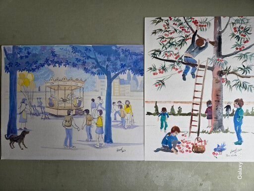 Jacques Denoël - 2 水彩 - Klimmen in de fruitboom - Samen bij de draaimolen - 2001 #1.0