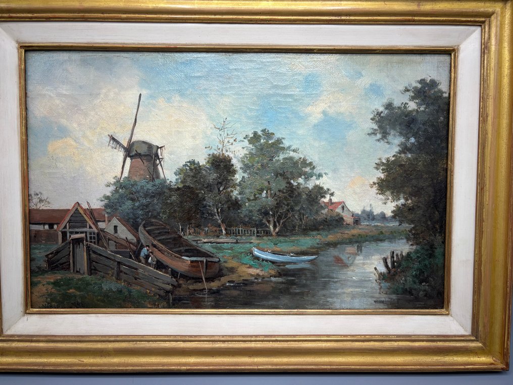 Alexandre René Veron (1826-1897) - Landscape with boats and windmill #2.1