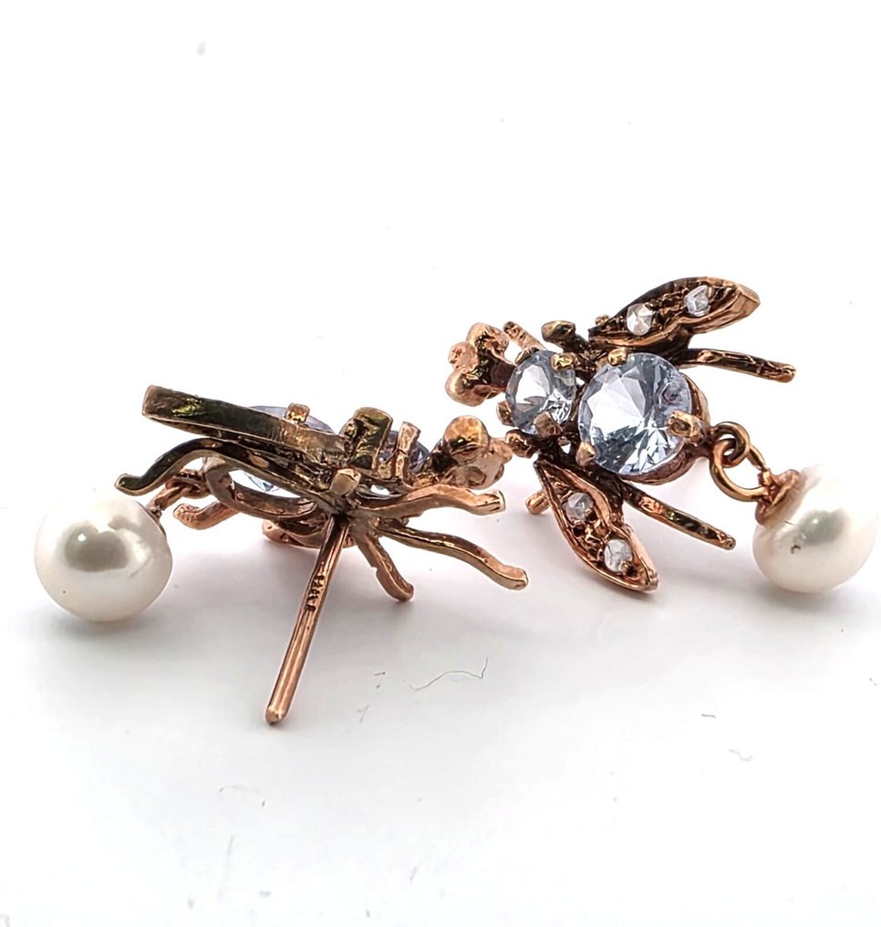 沒有保留價 - 耳環 - 9 節 玫瑰金, 銀 黃玉 - 鉆石 #2.1