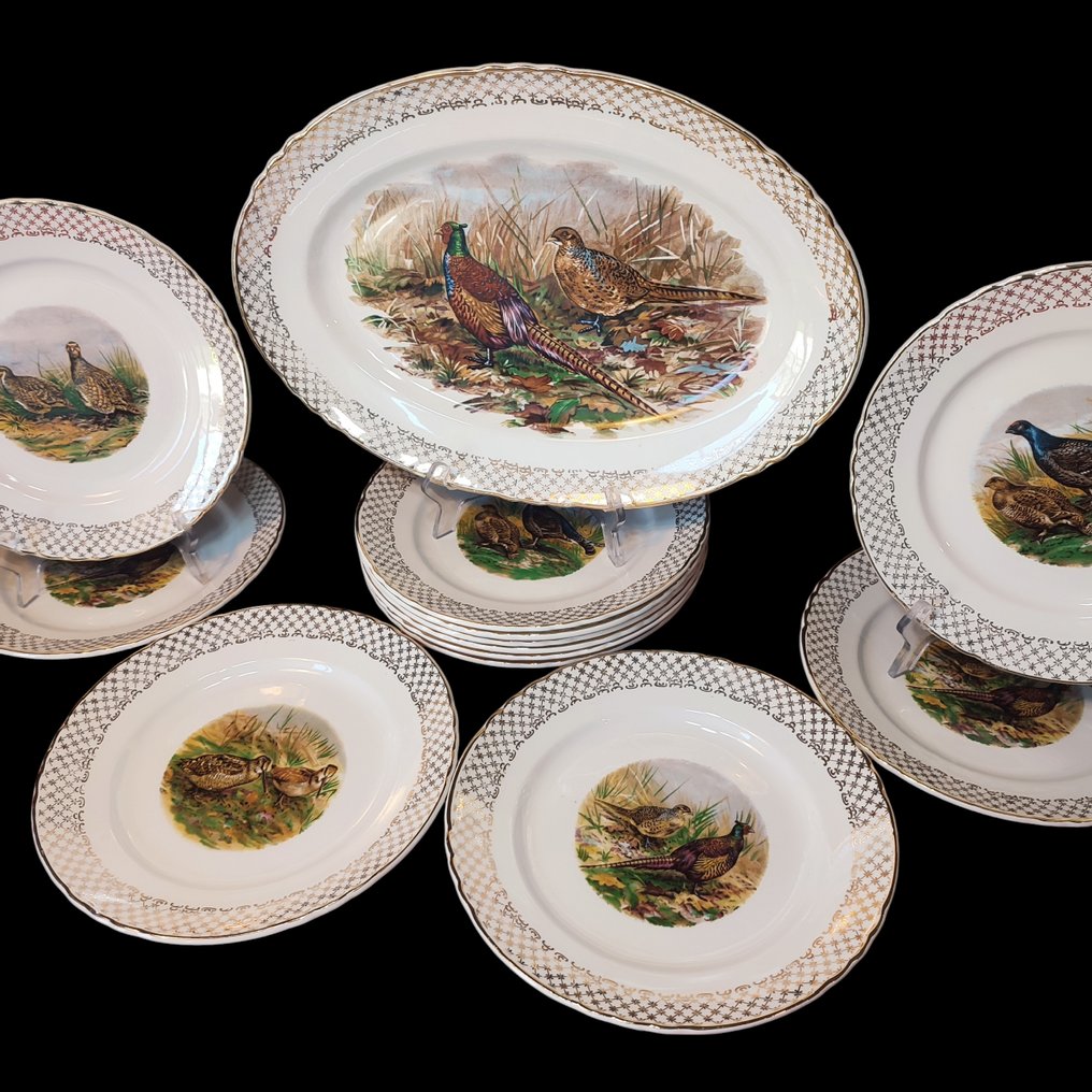 Moulin des Loups Orchies - 成套餐具 (13) - 羽毛鸟类的自然主义装饰 - 法国彩陶 - 服务猎物 / 狩猎 #1.0