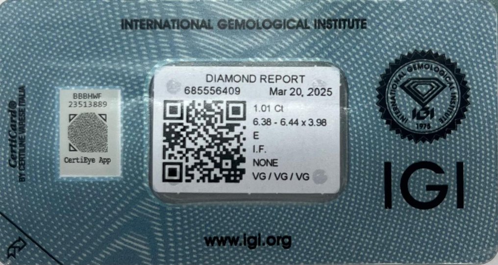 1 pcs 钻石  (天然)  - 1.01 ct - 圆形 - E - IF - 国际宝石研究院（IGI） #3.2