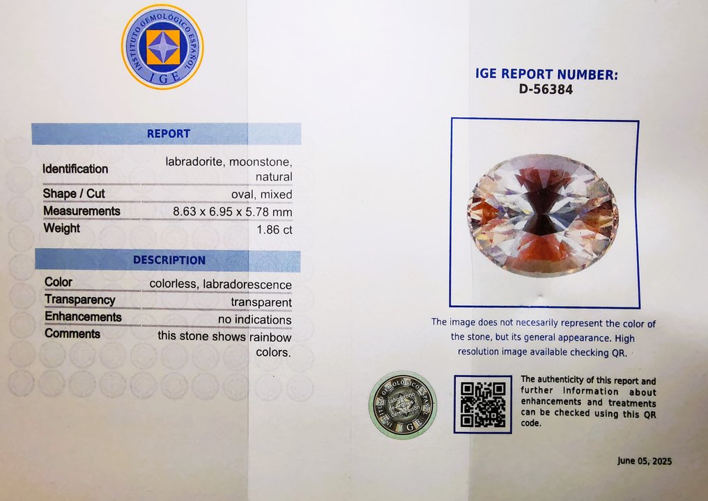 没有保留价 - 1 pcs  多色 月光石  - 1.86 ct - 西班牙宝石学院（IGE） - MOONSTONE/RAINBOW #2.1