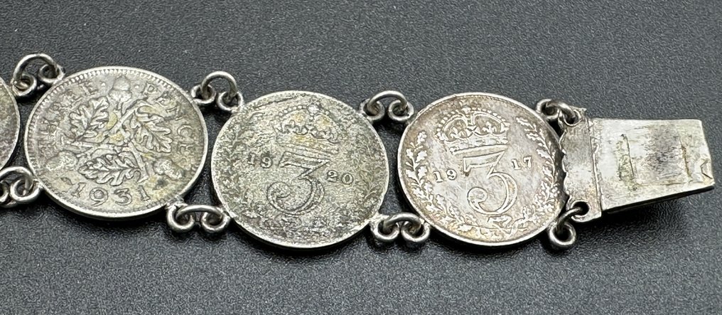 英国. Zilveren armbandje gemaakt van 9 stuks Three Pence, periode 1891/1931 (没有保留价) #4.3