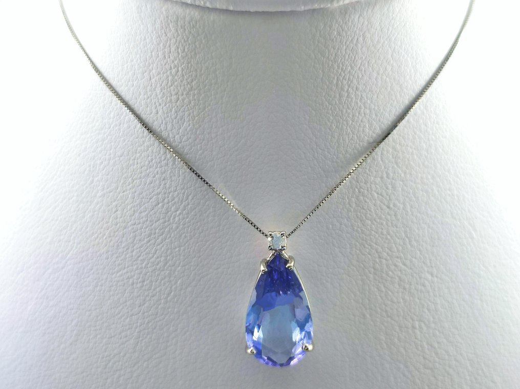 χωρίς τιμή ασφαλείας - Κολιέ με μενταγιόν - 18 καράτια Λευκός χρυσός -  4.36ct. tw. Τανζανίτης - Διαμάντι #3.2