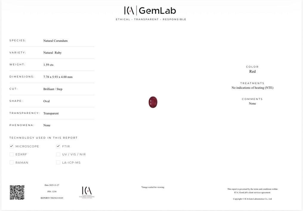 χωρίς τιμή ασφαλείας Κόκκινο Ρουμπίνι  - 1.59 ct - Διεθνής Ένωση Έγχρωμων Πολύτιμων Λίθων (ICA GemLab) - Φυσικό ρουμπί #1.0