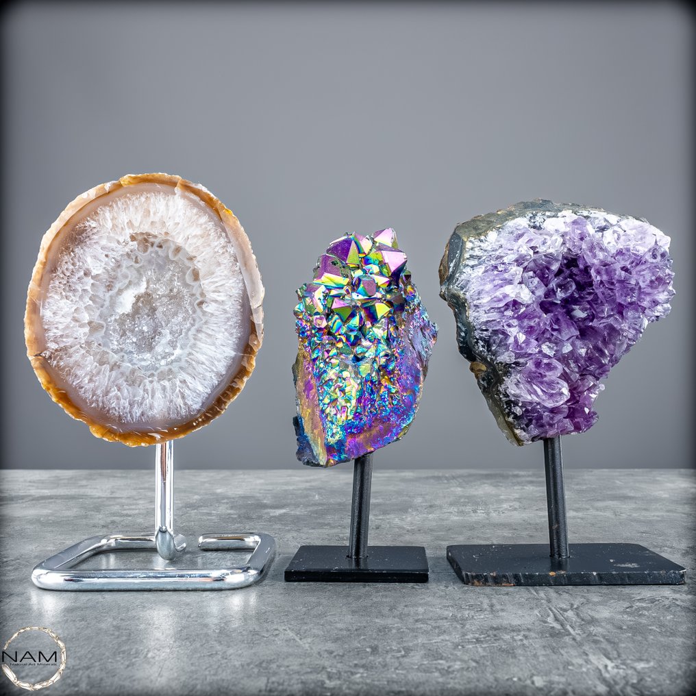 Αποκλειστικό σετ πολύτιμων λίθων Αμέθυστος, Αχάτης και Aura-Amethyst σε εκλεκτές βάσεις- 1051.22 g - (3) #1.0