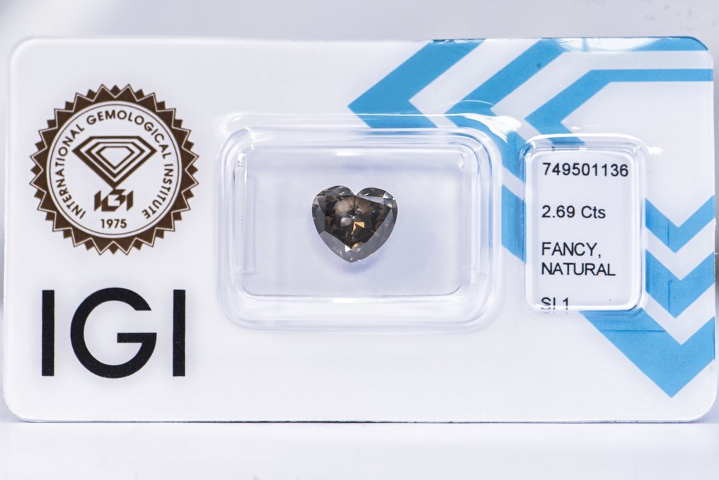 没有保留价 - 1 pcs 钻石  (天然色彩的)  - 2.69 ct - 心形 - Fancy dark 稍帶綠色的, 黄色 棕色 - SI1 微内含一级 - 国际宝石研究院（IGI） - VG #1.0
