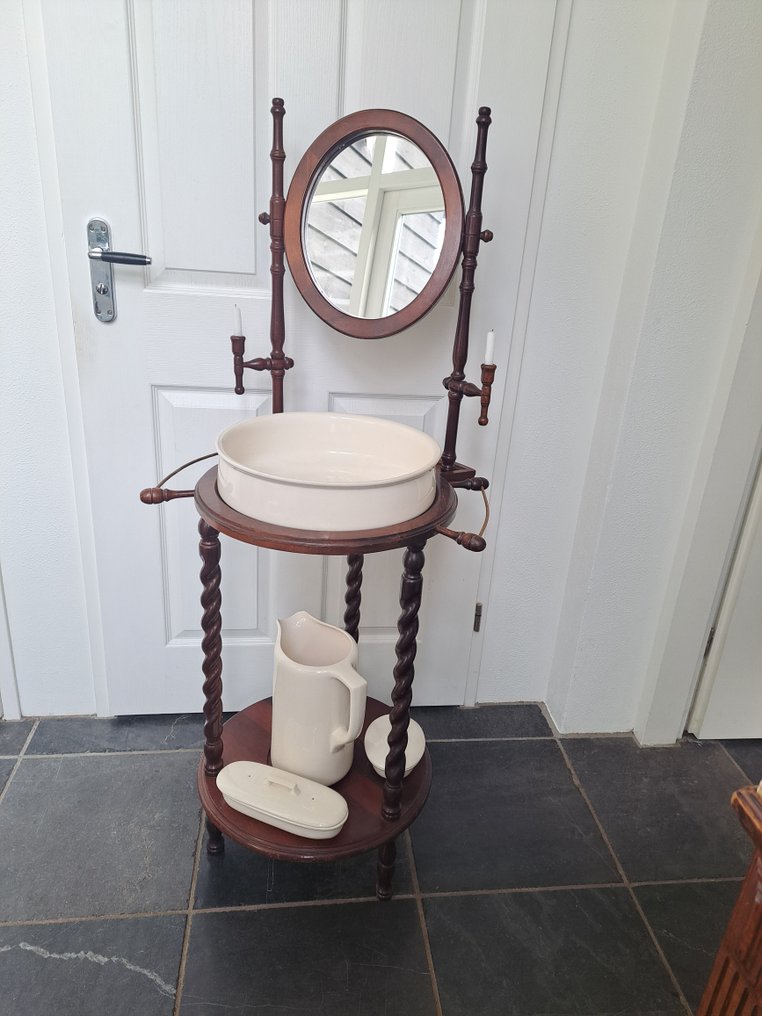 Victorian Style Wash basin set with stand (5) - Earthenware, Wood, Glass #4.3