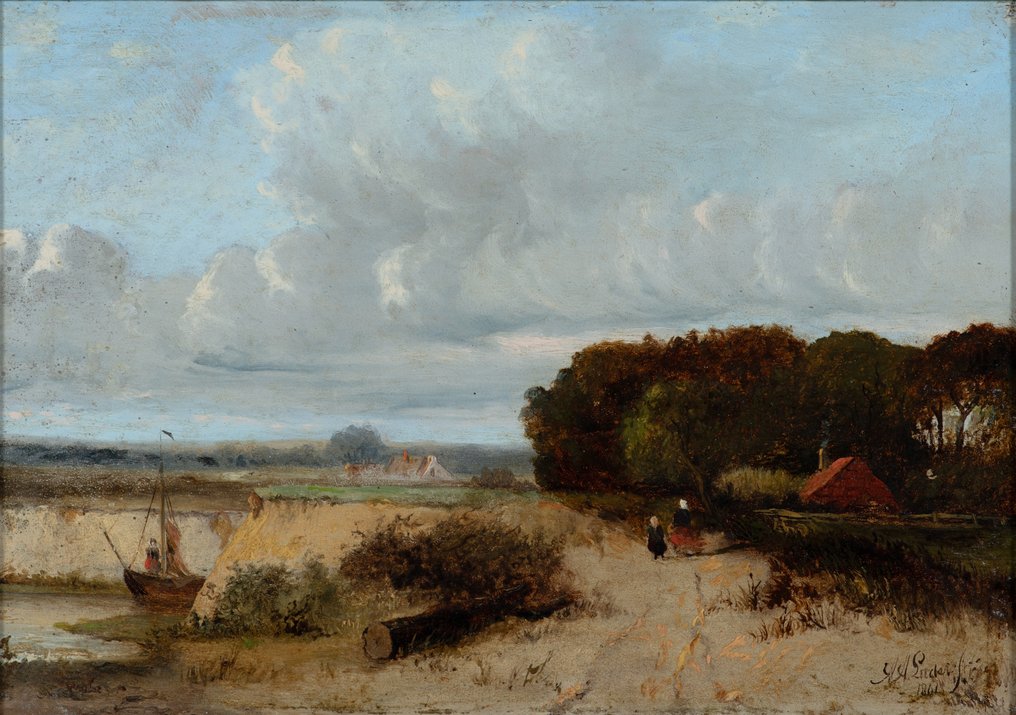 Arij Adriaan Luder (1829-) - De Meanderende Rivier - Landschap met Figuren (NO RESERVE) #1.0