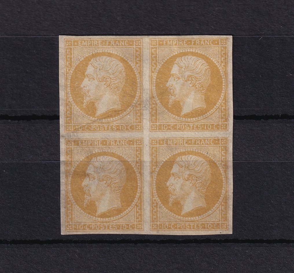France 1853 - €4200, rare set of 4 of the 10 cents bistre type I - Yvert n°13A #1.0