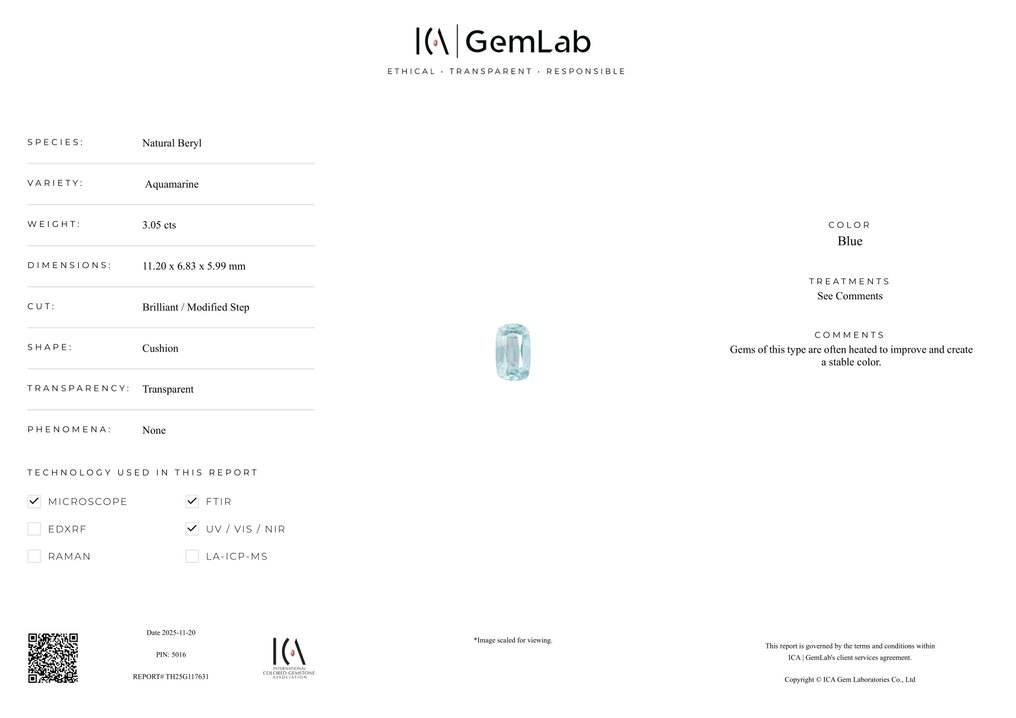 没有保留价 蓝色 海蓝宝石  - 3.05 ct - 国际有色宝石协会（ICA GemLab） #2.1