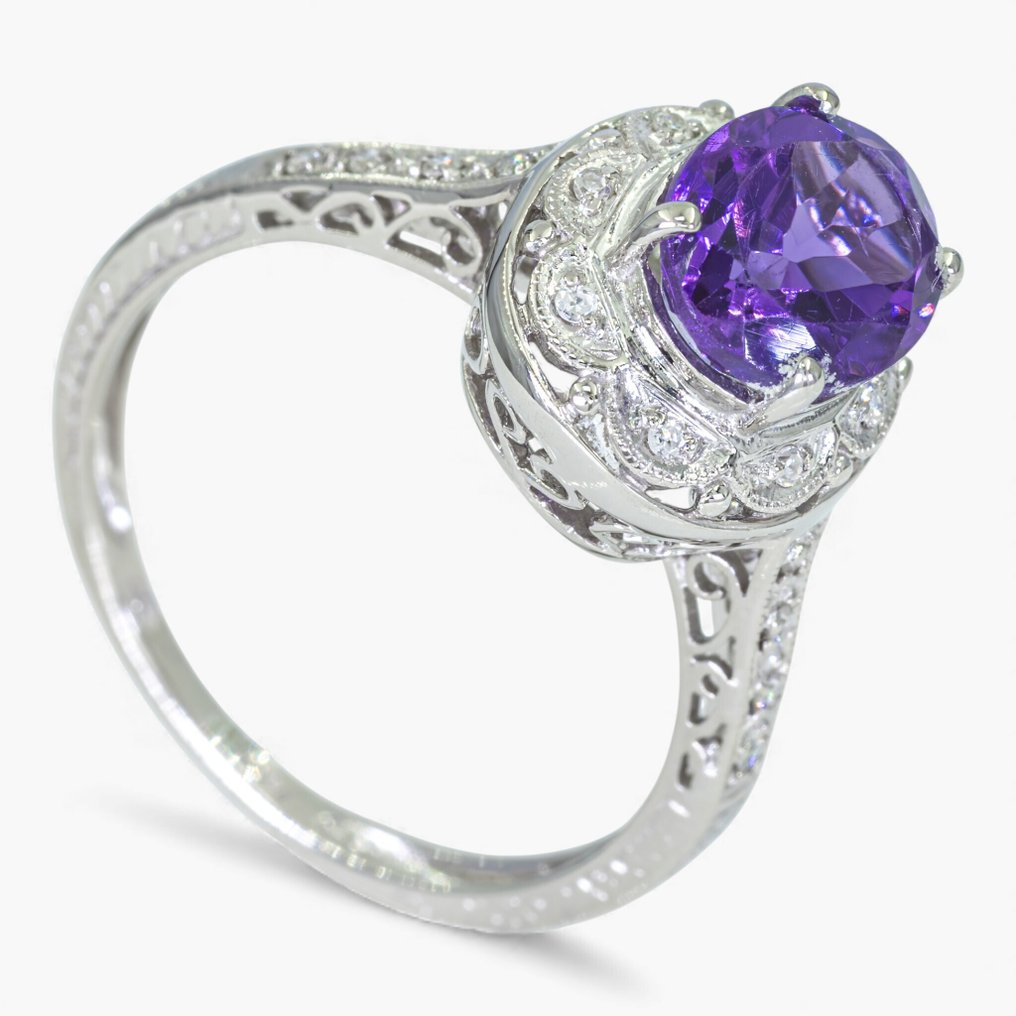 Fără preț de rezervă - Inel - 14 ct. Aur alb, HRD Antwerp -  1.75ct. tw. Diamant (Natural) - Ametist #2.1