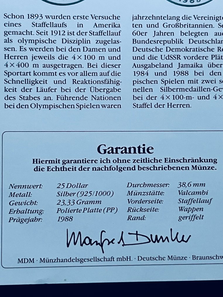 Jamaica. 25 Dollars 1988 silver coin, with a certificate  (No reserve price) #3.2