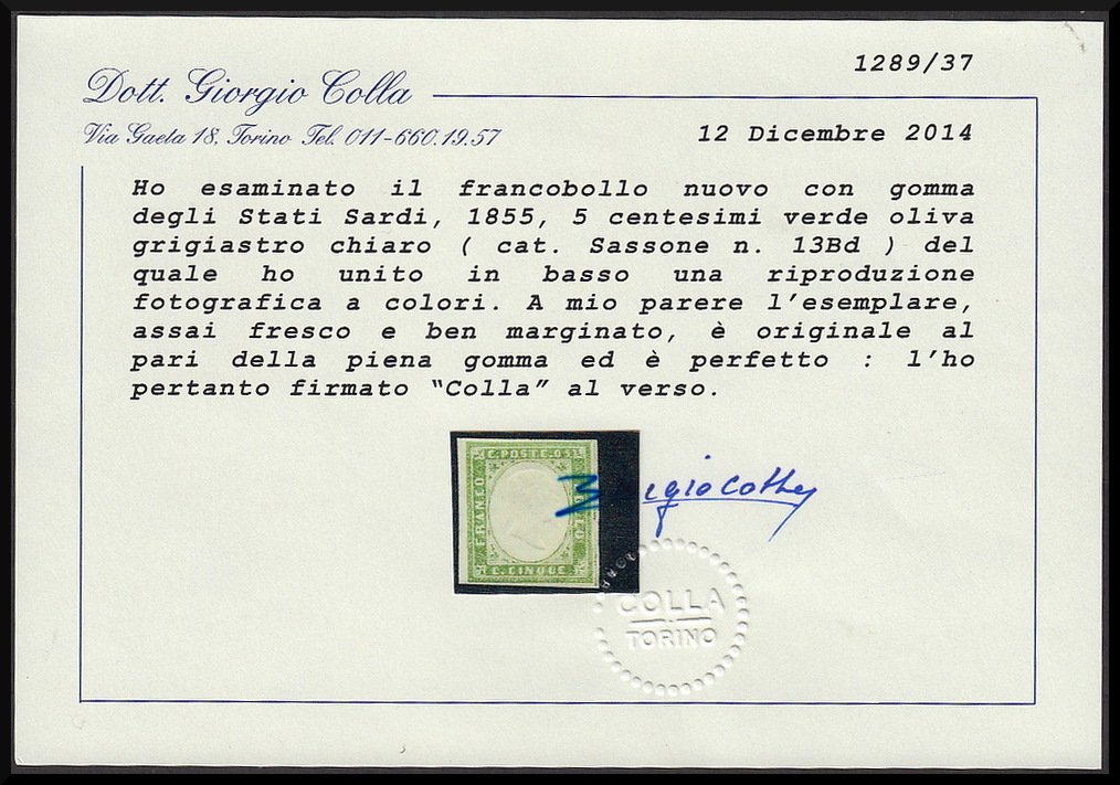 Αρχαία ιταλικά κράτη - Σαρδηνία 1859 - IV έκδοση σε c. 5 πράσινο ελιάς, III σύνθεση, καινούργιο με λάστιχο. - Sassone n. 13Bc #2.1