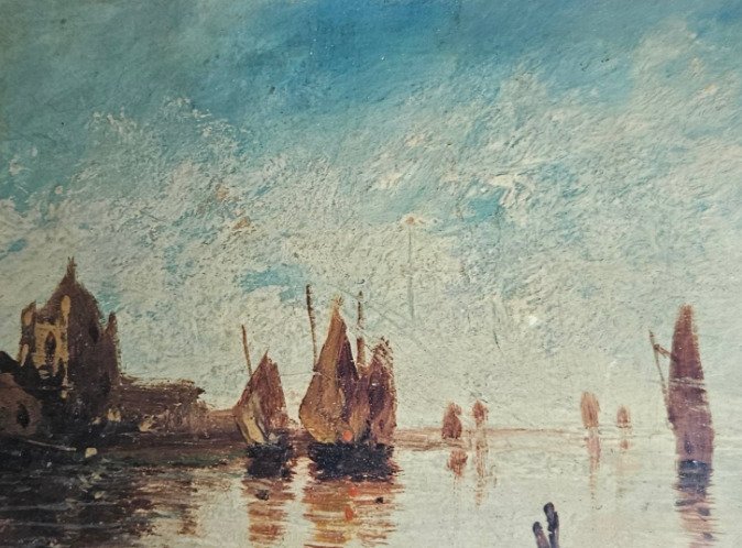 Ranskalainen koulukunta (XIX) - Paysage demer avec voiliers au port #1.0