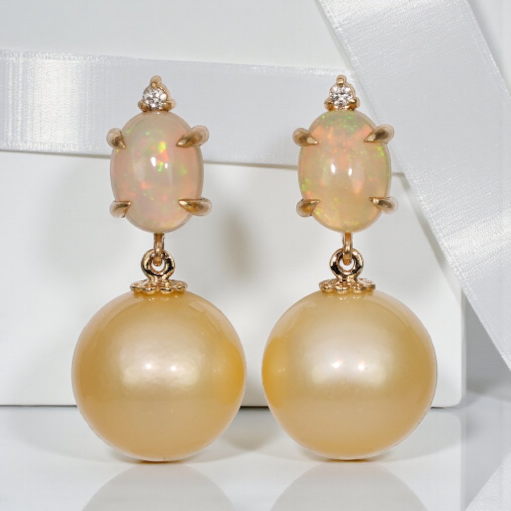 没有保留价 - 鸡尾酒耳环 - 14K包金 黄金 -  2.30ct. tw. 蛋白石 - 珍珠 - 欧泊、钻石、SSP #2.1