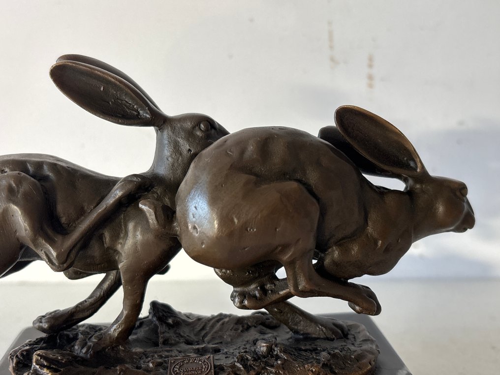 Statua, 2 Rennende hazen - 11.2 cm - Bronzo #4.3