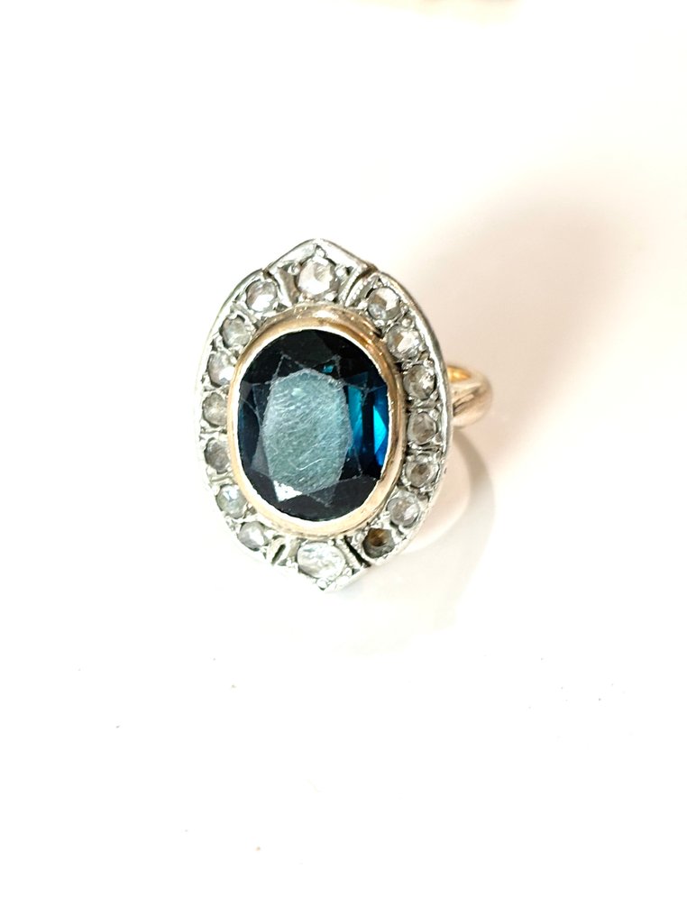 Bague - 18 carats Or jaune, Or blanc Saphir - Diamant - Belle époque 1890 – 1910 #2.1