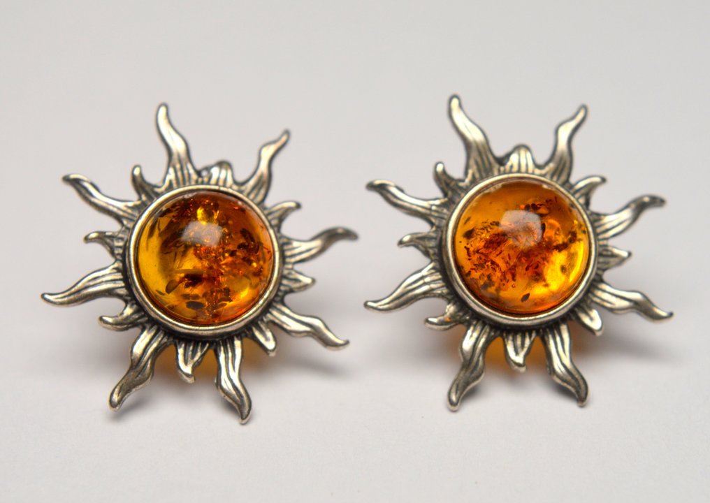 Amber - 925 Silver - Orange Baltic Amber Sun - Earrings #1.0