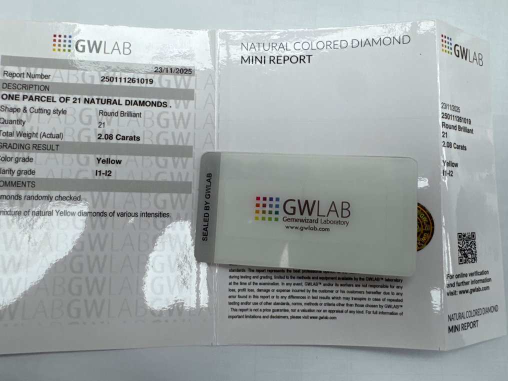 没有保留价 - 21 pcs 钻石  (天然色彩的)  - 2.08 ct - 圆形 黄色 - I1 内含一级, I2 内含二级 - Gemewizard宝石实验室（GWLab） #2.1