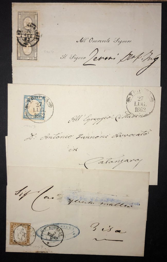 Ιταλία Βασίλειο 1861/1862 - Ιταλία βασίλειο 1861/1862, τυχερό δελτίο με 3 διαφορετικά γράμματα, άριστης ποιότητας, πλήρες. #1.0