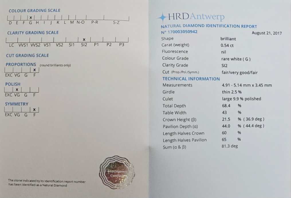 没有保留价 - 1 pcs 钻石  (天然)  - 0.54 ct - 圆形 - G - SI2 微内含二级 - 比利时高阶层钻石议会 #3.2