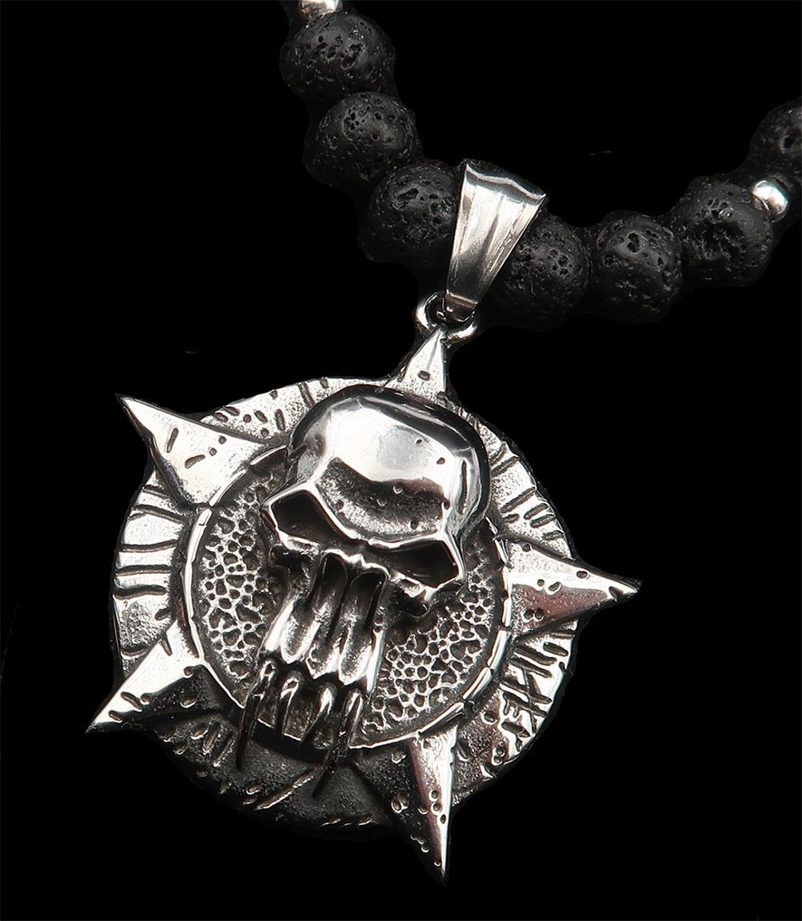 五芒星與熔岩石骷髏：神秘保護與驅逐 - 帶扣，銀珠 - 吊墜頸鏈 #2.1