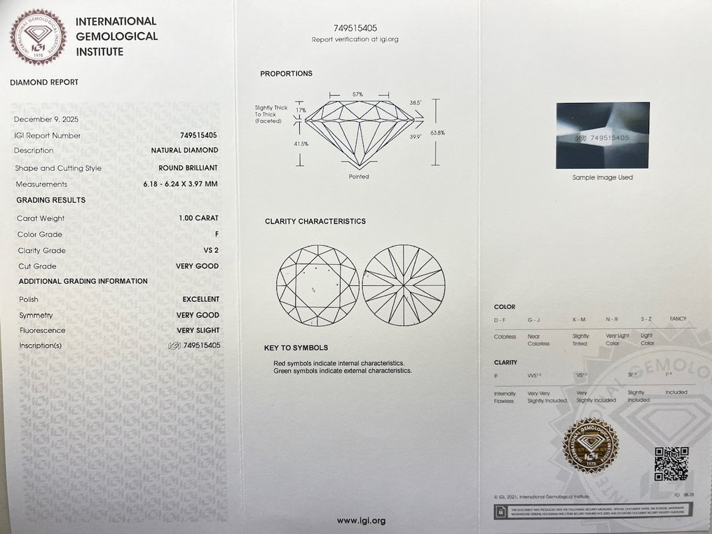 χωρίς τιμή ασφαλείας - 1 pcs Διαμάντι  (Φυσικό)  - 1.00 ct - Στρογγυλό - F - VS2 - International Gemological Institute (IGI) #3.2