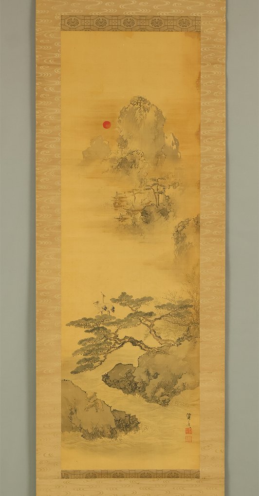 Mt. Hourai Landscape Rising Sun Castle Cranes Tortoise Pine Tree - with signature 'Motohiko' 資彦 and seal 'Motohiko Ki in' 資彦紀印 'Azana Shibun' 字士文 - Japón  (Sin precio de reserva) #2.1