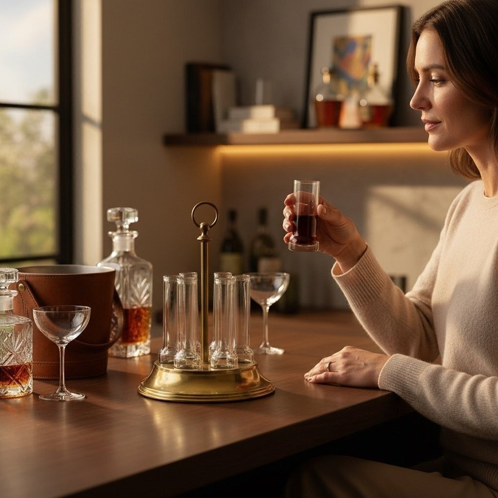 Service à liqueur (7) - 6x Bicchieri dal Design Sinuoso da Vodka e Liquori con Supporto di Design - HANDMADE - Vintage - Verre, Laiton #2.1