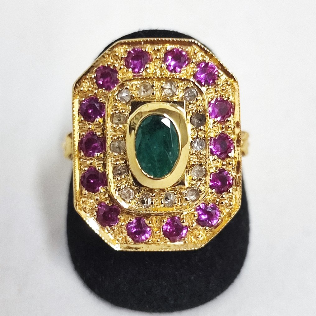 Senza prezzo di riserva - Anello - 9 kt Oro giallo, Argento -  1.88ct. tw. Diamante (Naturale)  - Smeraldo - Oro9kt argento925 diamond #1.0