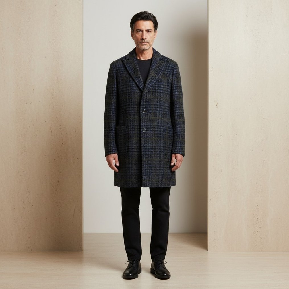 SANTANIELLO RRP 650€ Wool-Blend Coat – Blue/Green Houndstooth Check – Alpaca Blend – 48 IT - Coat - New with tags #1.0