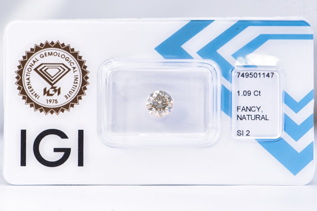 χωρίς τιμή ασφαλείας - 1 pcs Διαμάντι (Φυσικού χρώματος) - 1.09 ct - Στρογγυλό - Fancy Καφετί, Πράσινο Κίτρινο - SI2 - International Gemological Institute (IGI) - ΒΓ #1.0