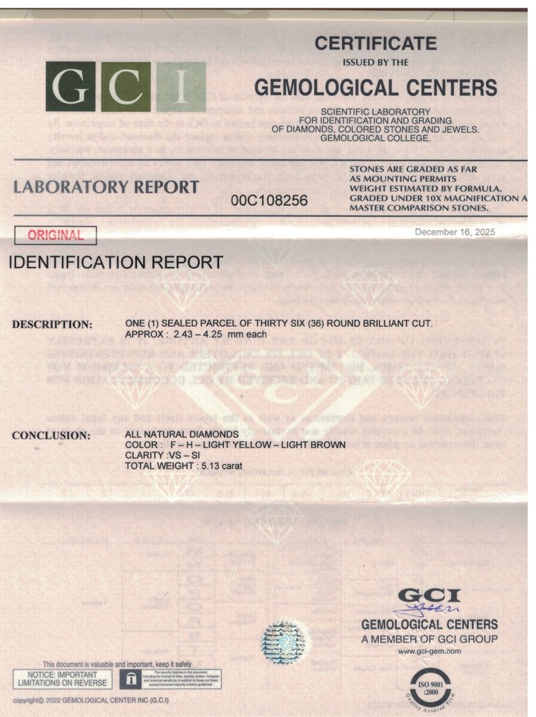 没有保留价 - 36 pcs 钻石  (天然)  - 5.13 ct - 圆形 - H, F - SI1 微内含一级, VS1 轻微内含一级 - 以色列宝石中心（G.C.I.） - 浅黄-浅棕 #4.3