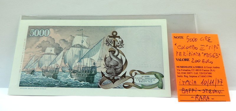 Ιταλία. - 5.000 Lire 10/11/1977 "Colombo" II tipo -  Gigante BI 67C; Pick 102c  (χωρίς τιμή ασφαλείας) #2.1