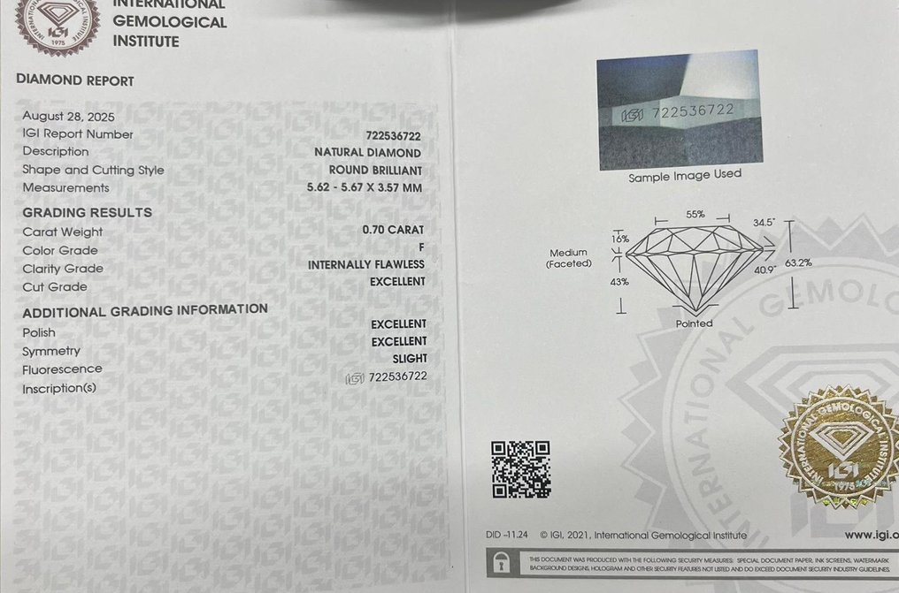 1 pcs 鑽石  (天然)  - 0.70 ct - 圓形 - F(近乎無色) - IF - 國際寶石學院（International Gemological Institute (IGI)） #3.2